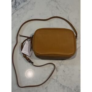 NWT Mark & Graham Camel Leather Crossbody Camera Bag Purse Double Zip Linen Line